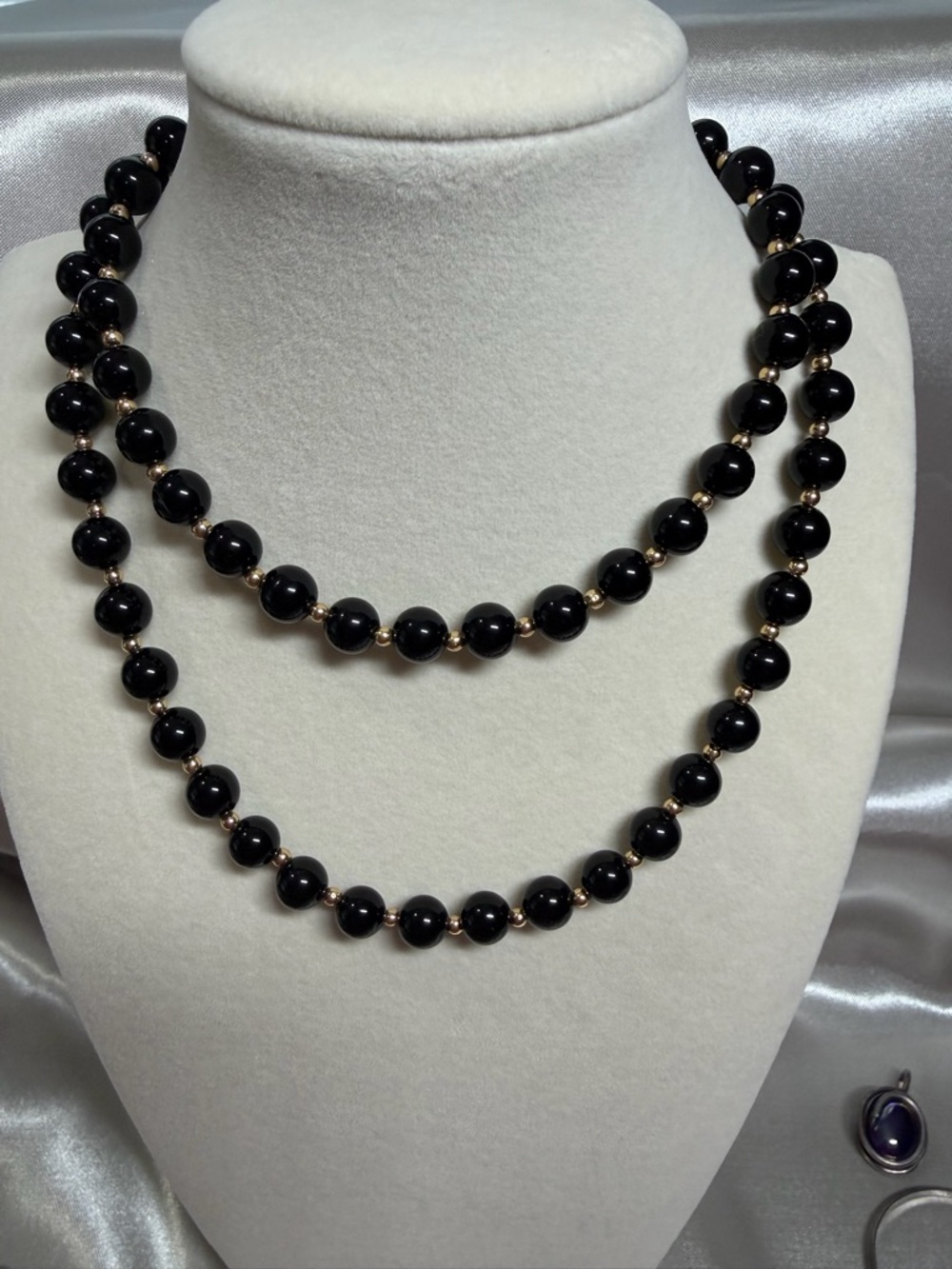 Genuine Black Onyx & 14K Gold Bead Necklace - 29” Long - 57g